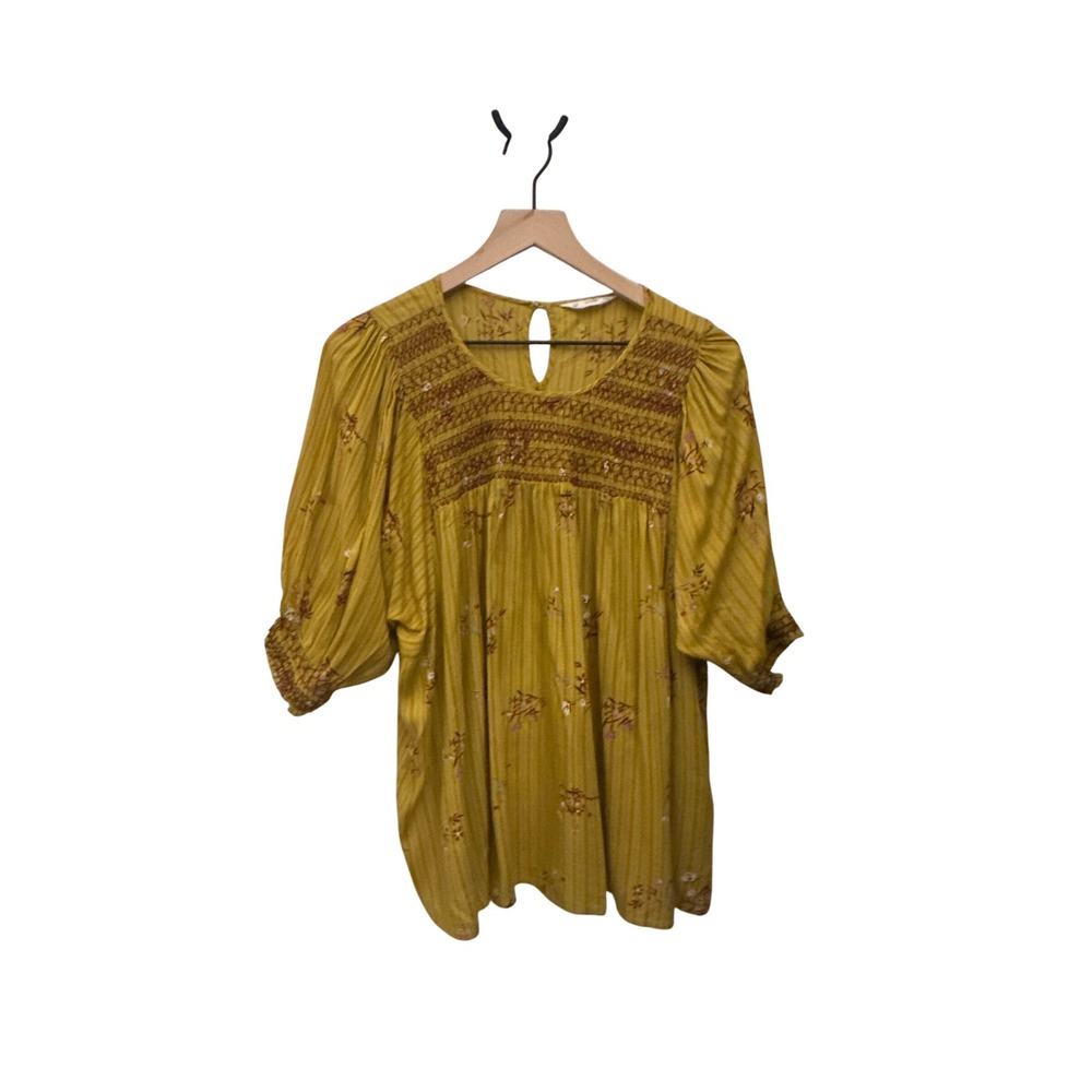 Acos&a Smocked Floral Blouse Keyhole Neckline Striped‎ Top X-Large